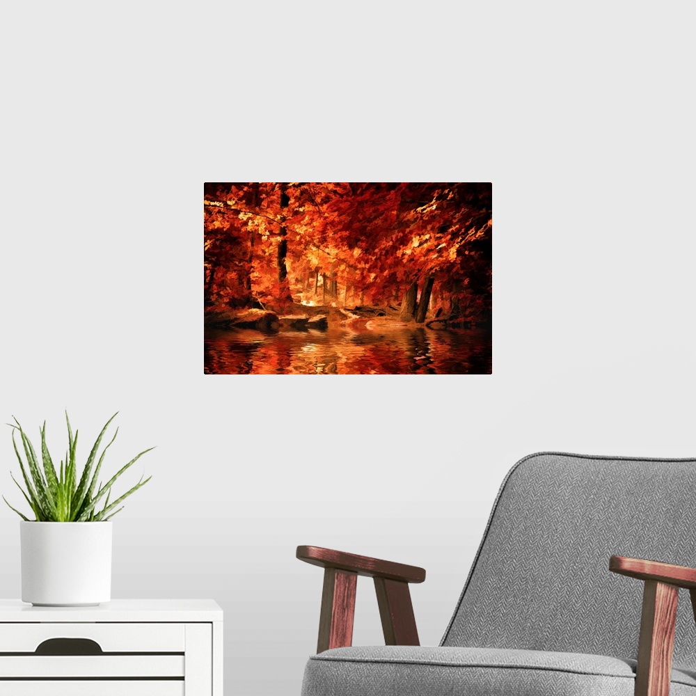 A modern room featuring A river in a forest reflecting the orange and red leaves around it.