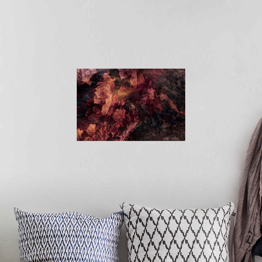 A bohemian room featuring Abstract photograph of fallen leaves using contrasting dark and light hues.