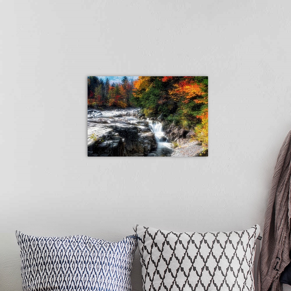 A bohemian room featuring Fine art photo of a rushing stream in a brightly colored forest in the fall.