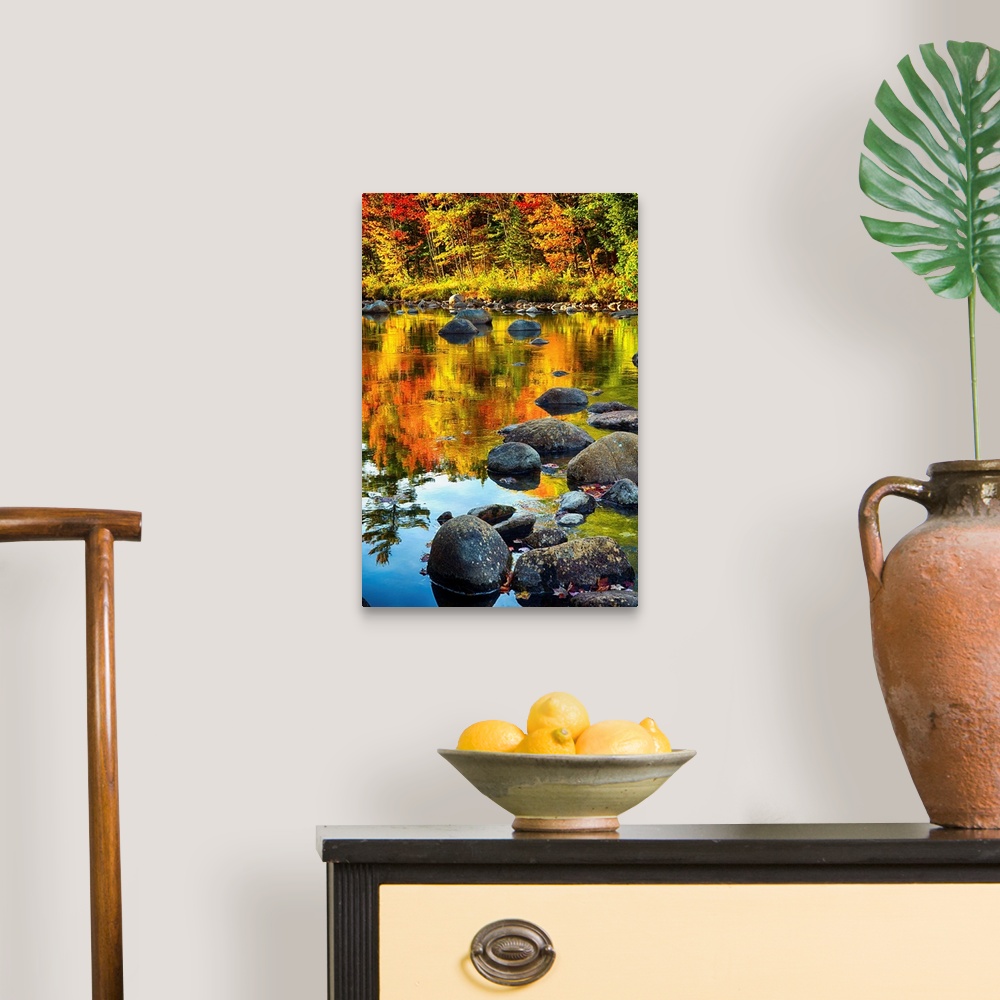 A traditional room featuring Fine art photo of bright colors of a forest in autumn being reflected in a pond full of rocks.