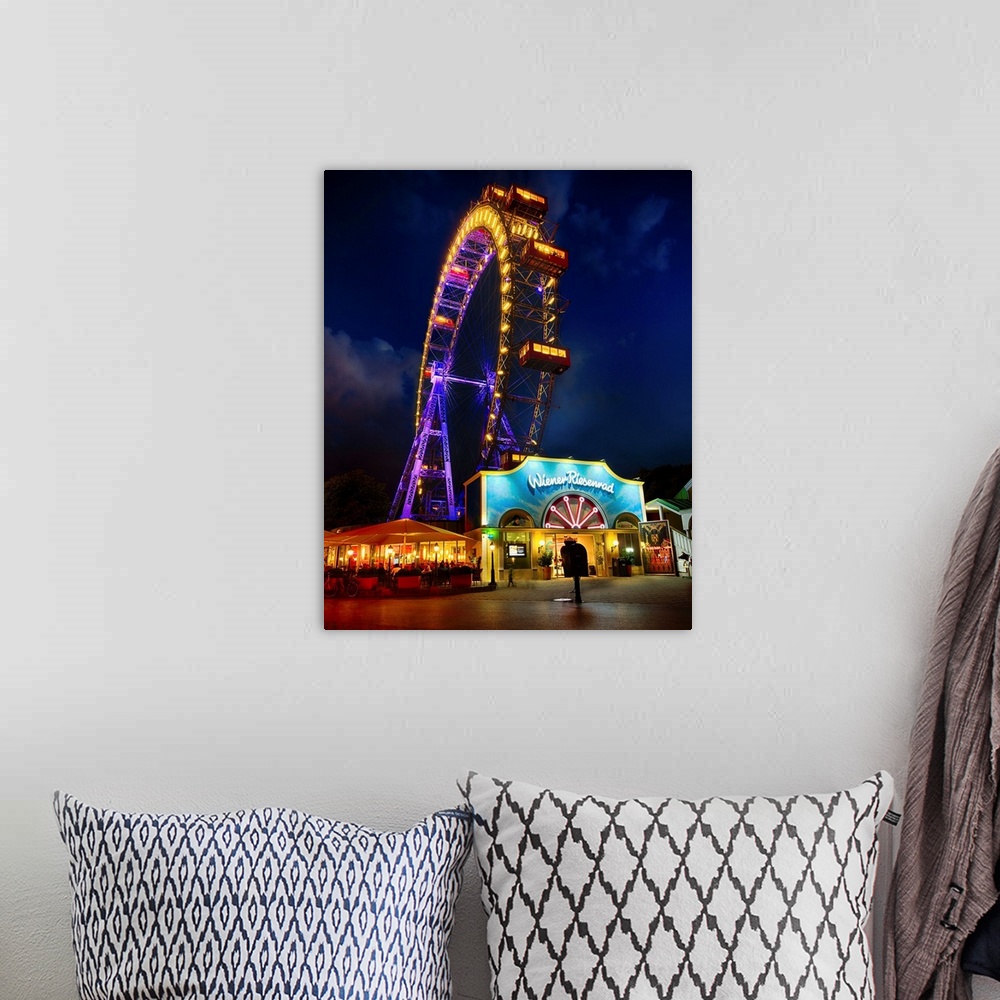A bohemian room featuring The Giant Ferris Wheel of Vienna at Night.