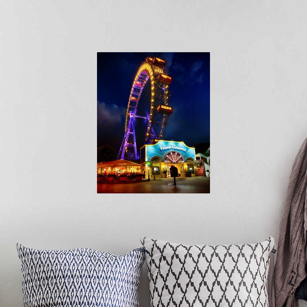 A bohemian room featuring The Giant Ferris Wheel of Vienna at Night.