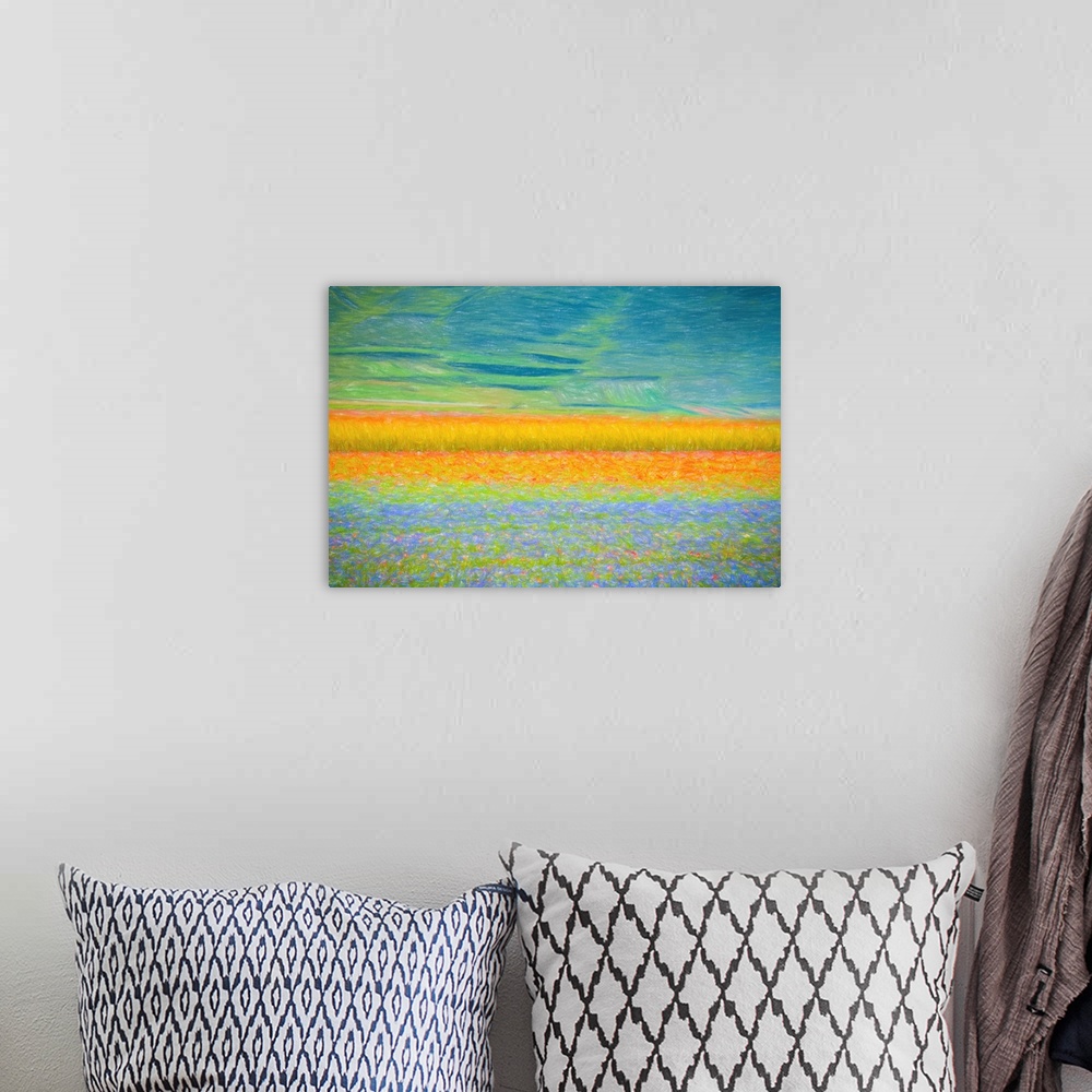 A bohemian room featuring Fine art photo of a field of colorful flowers forming abstract shapes.