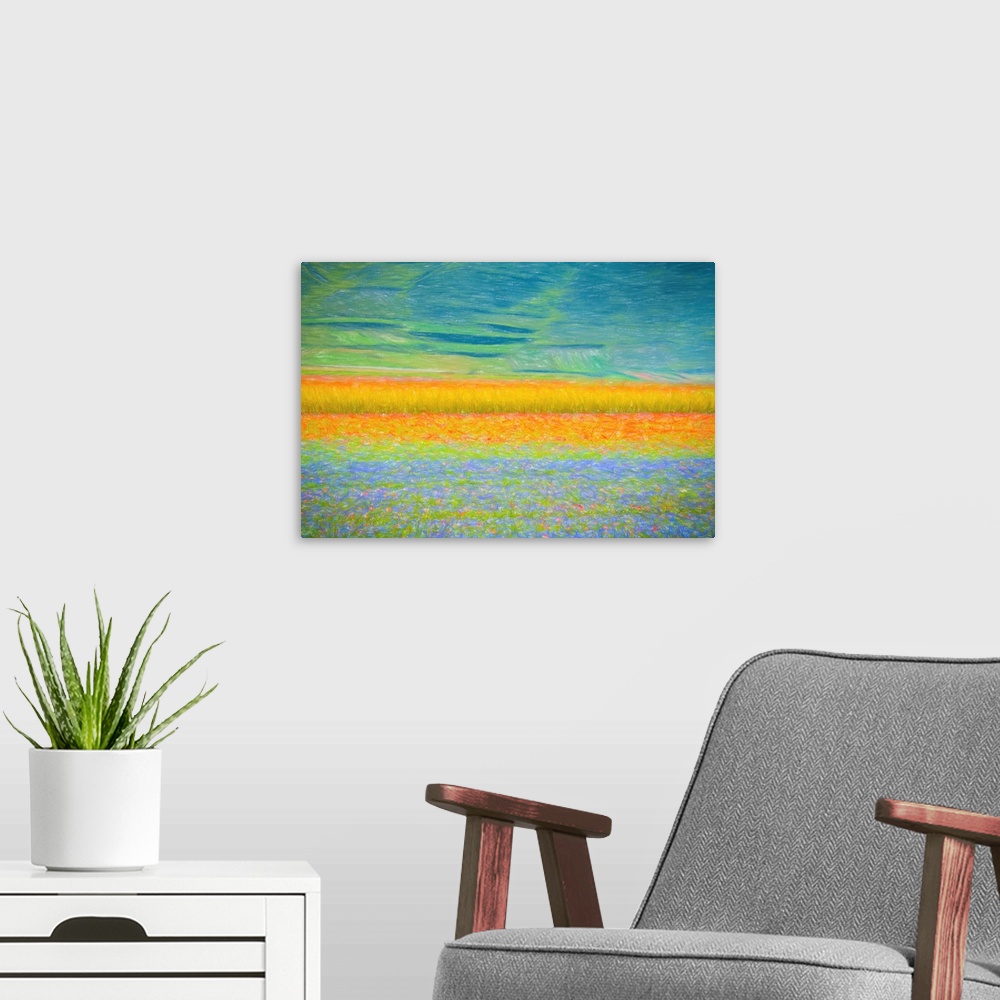 A modern room featuring Fine art photo of a field of colorful flowers forming abstract shapes.