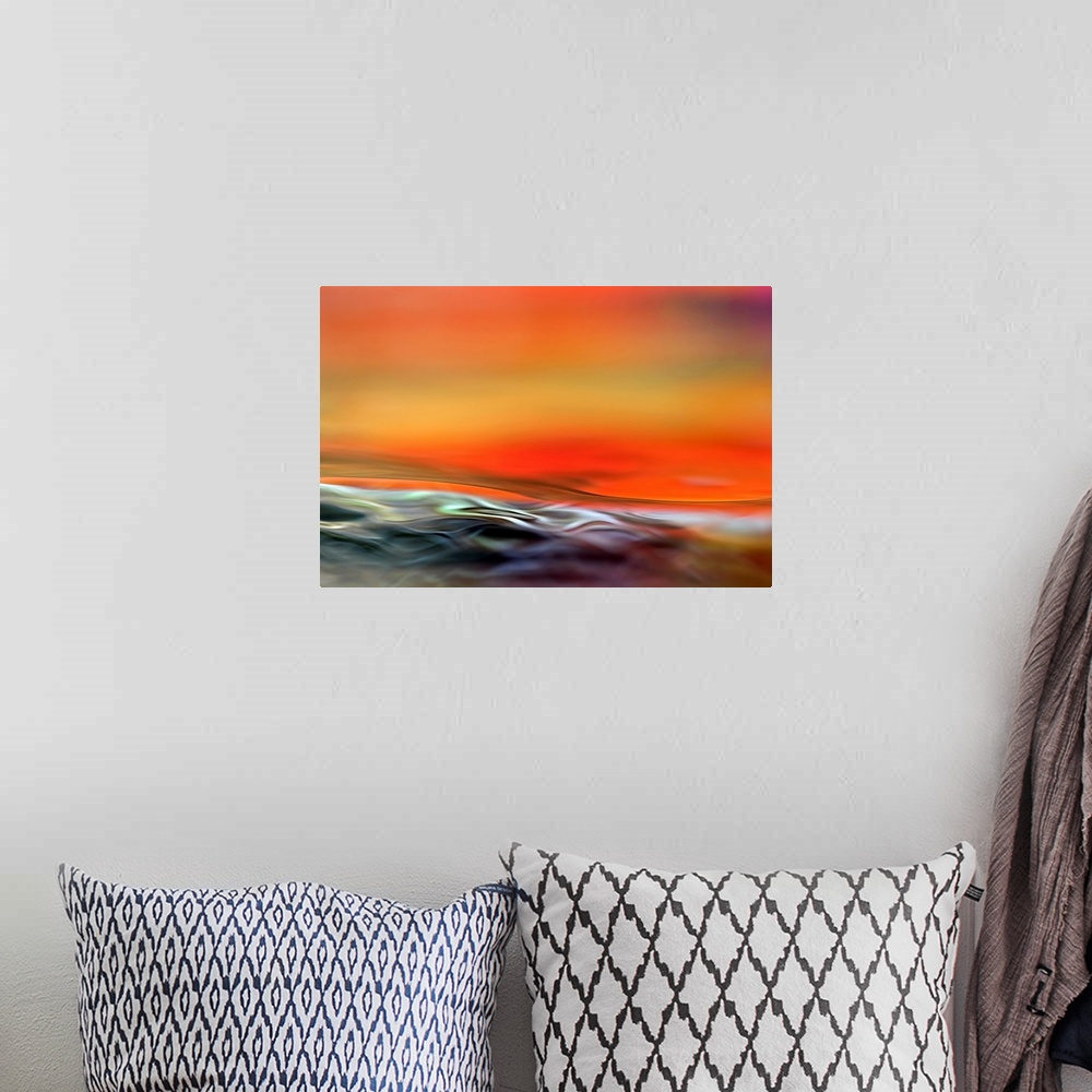 A bohemian room featuring Big, horizontal fine art photograph of waving, multi-colored water at the bottom of the image.  A...