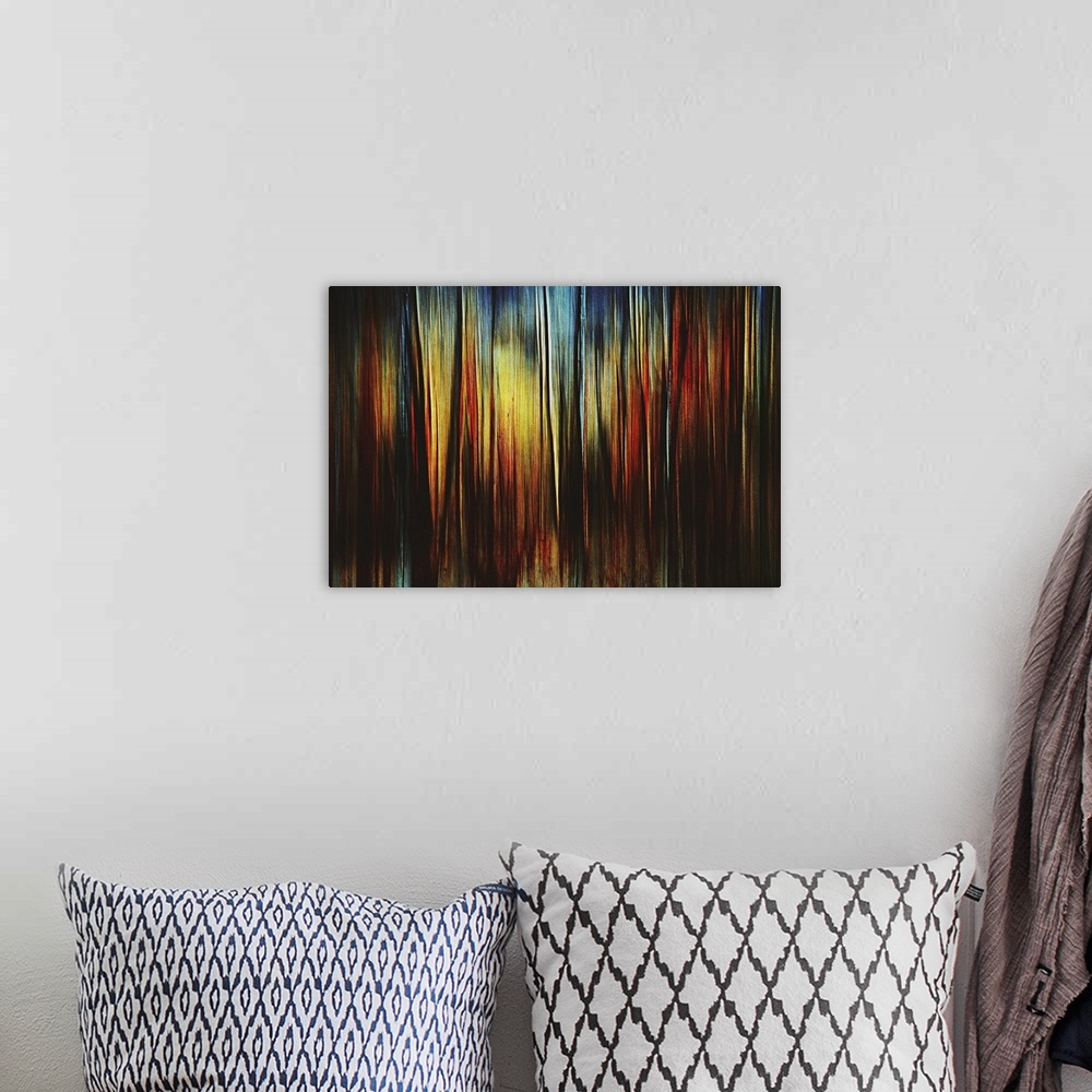 A bohemian room featuring Abstract artistic photograph of vertical lines of earthy and cool tones.
