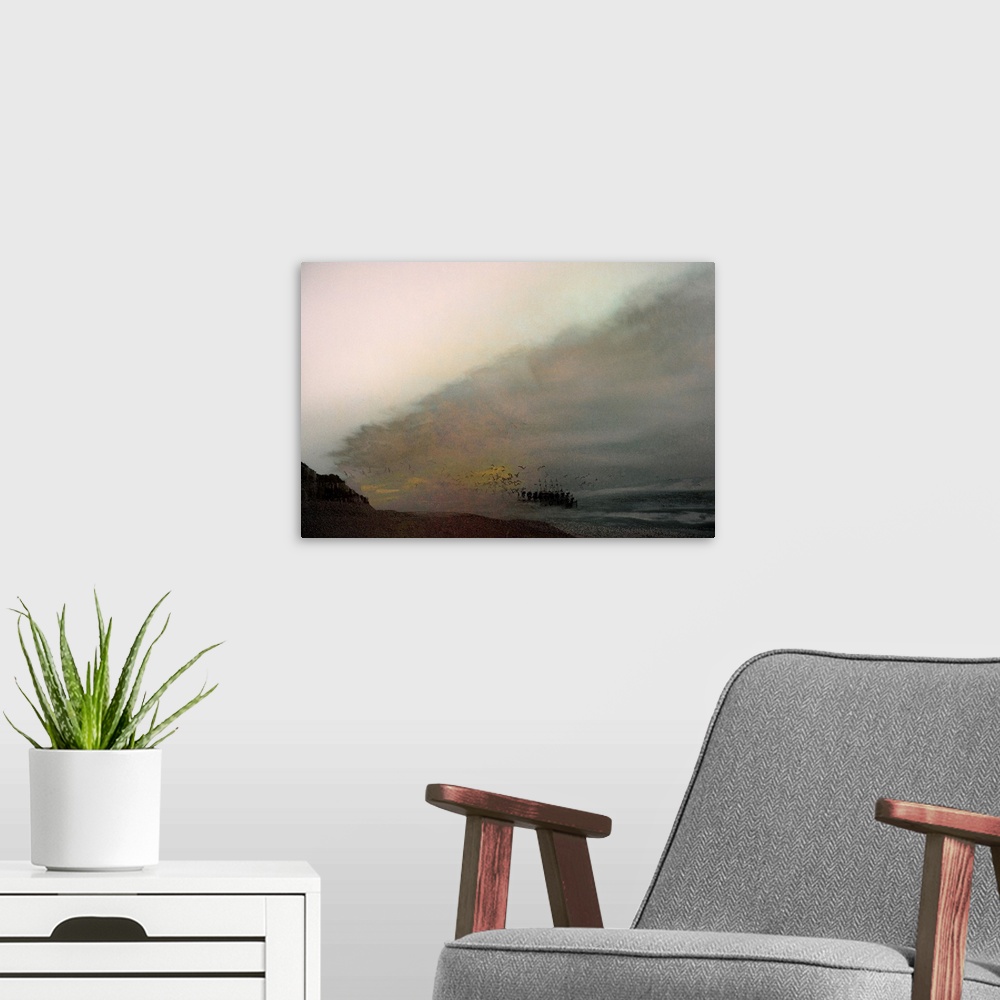 A modern room featuring Conceptual photograph of a large flock of birds flying over a fishing boat in the water, created ...