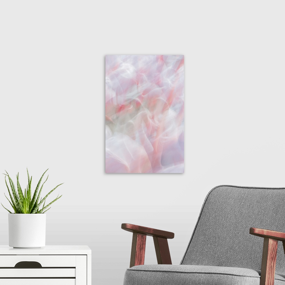 A modern room featuring Abstract photo of a cluster of flamingos that has been edited to illustrate a motion blur effect.