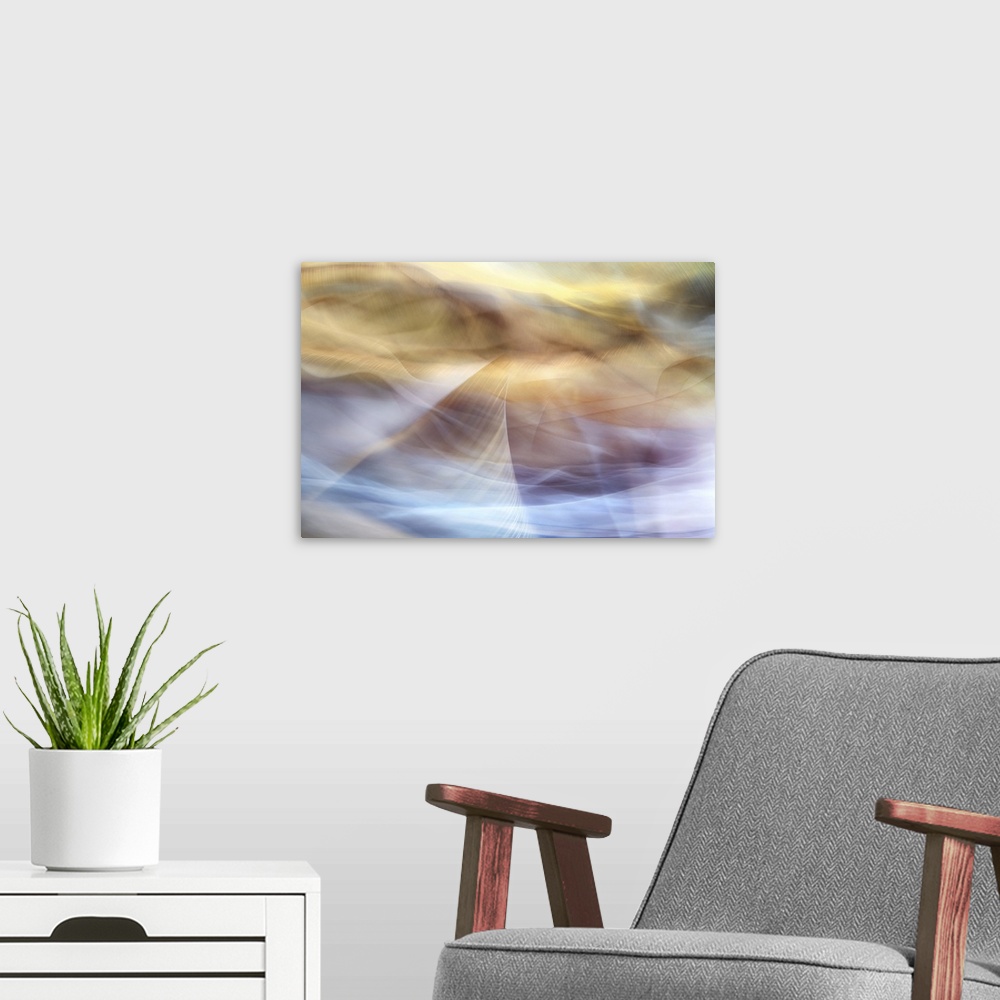 A modern room featuring Severeal layers of images of fabric and smoke from incense.