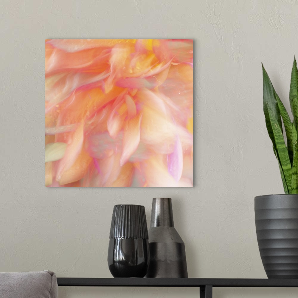 A modern room featuring Blurred image of fiery orange flower petals, resembling flames.