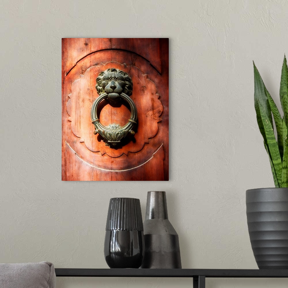 A modern room featuring Close Up View of a Lion Faced Door Knocker, Florence, Tuscany, Italy.