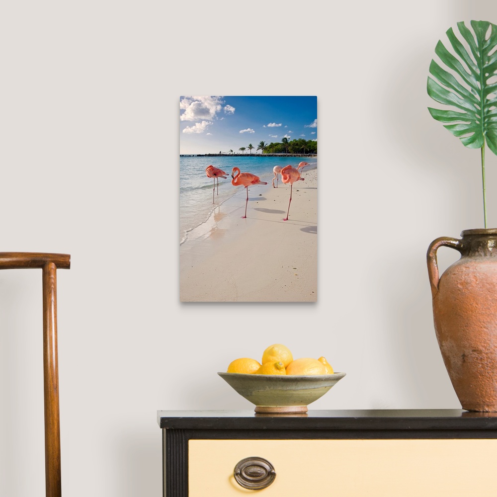 A traditional room featuring This large wall art is a vertical photograph of five flamingos relaxing on a sandy, tropical beach.