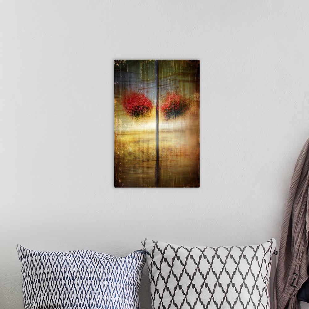 A bohemian room featuring Abstract photograph of two hanging baskets of red flowers with heavy texture.