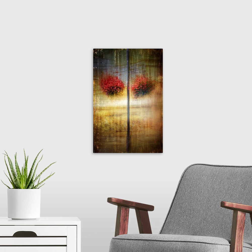 A modern room featuring Abstract photograph of two hanging baskets of red flowers with heavy texture.