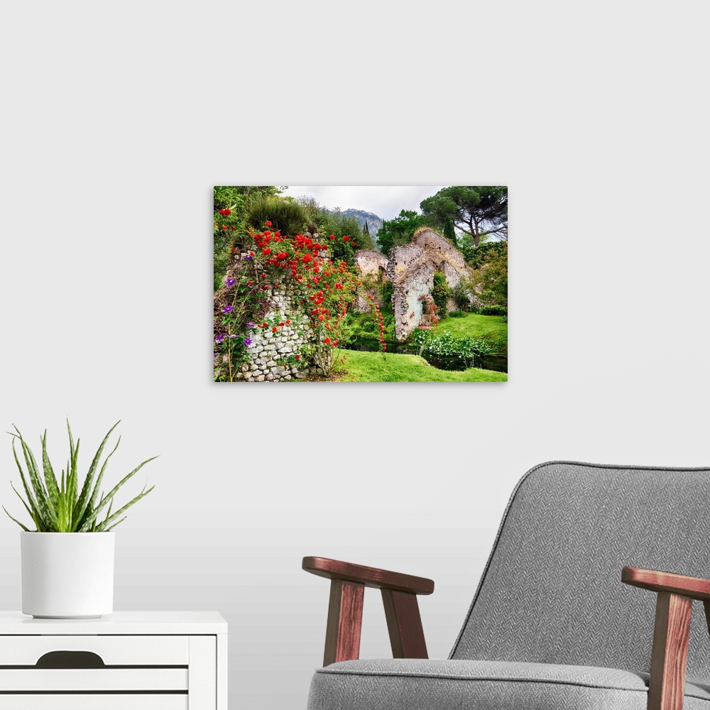 A modern room featuring Garden with historic ruins and blooming flowers, Latina, Italy.