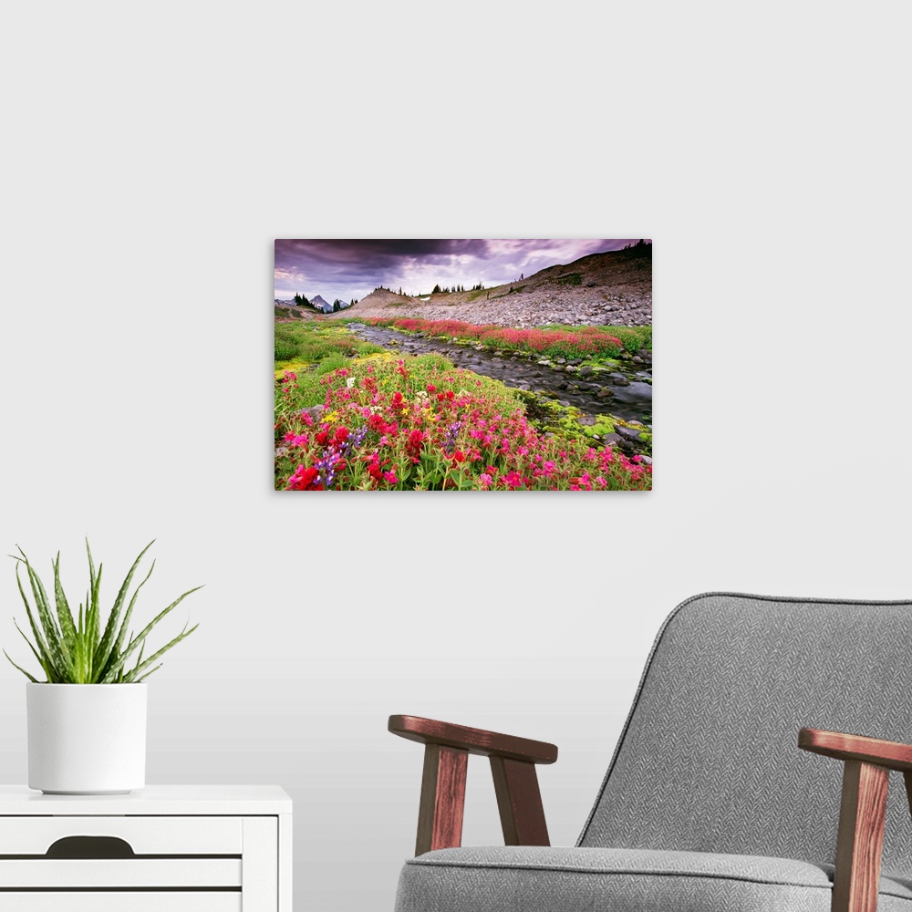 A modern room featuring Giant photograph displays groups of flowers sitting on opposite sides of a slow moving stream.  F...