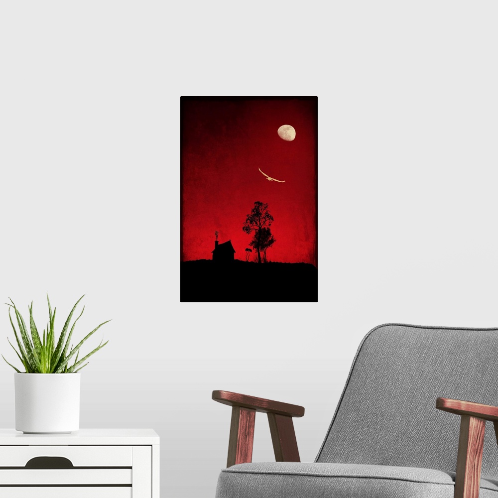 A modern room featuring Red sky on a full moon night with a hut and a bird