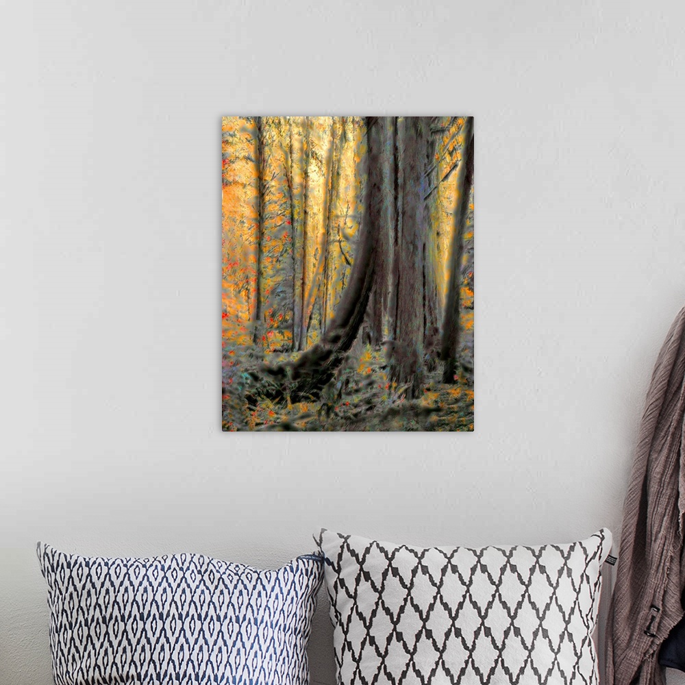 A bohemian room featuring The base of a large tree stands out in this abstract scene of a forest.