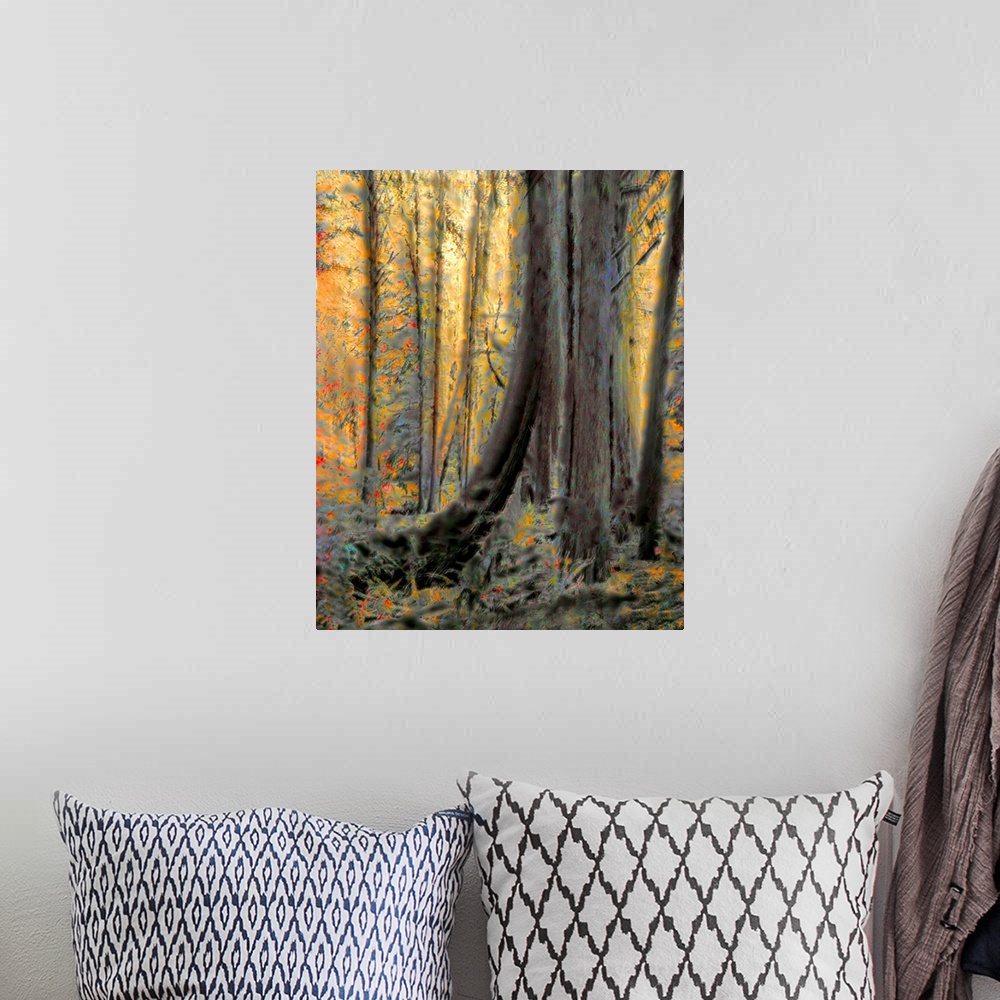 A bohemian room featuring The base of a large tree stands out in this abstract scene of a forest.