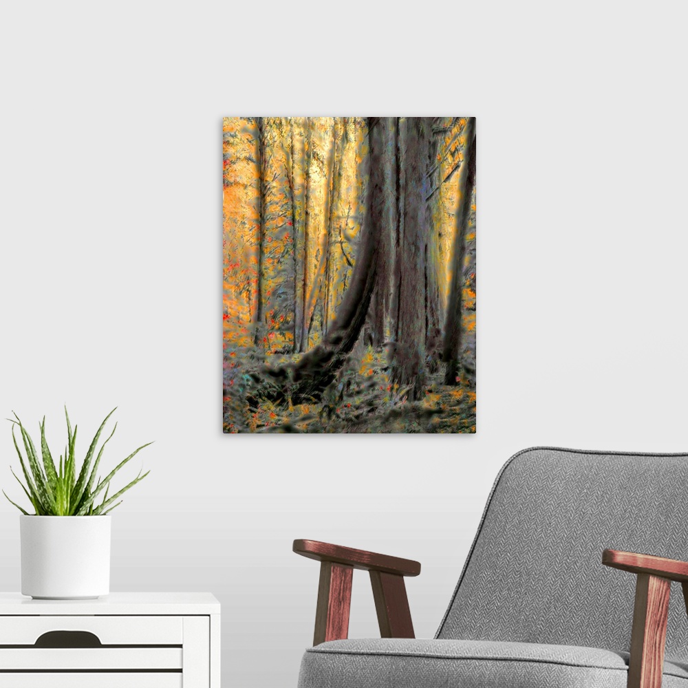 A modern room featuring The base of a large tree stands out in this abstract scene of a forest.
