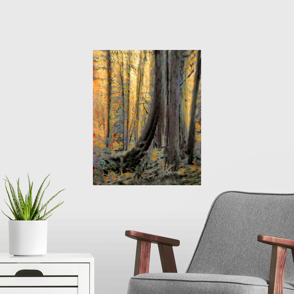 A modern room featuring The base of a large tree stands out in this abstract scene of a forest.