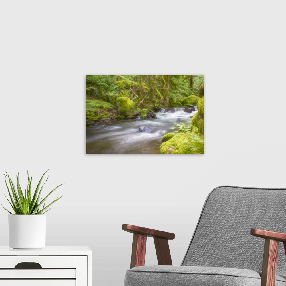 A modern room featuring Painterly forest and creek