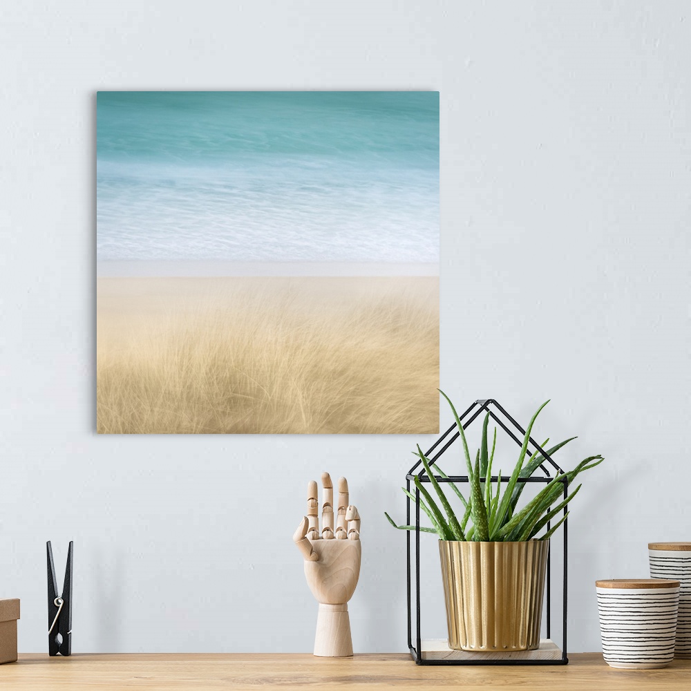 A bohemian room featuring Contemporary beach scene of dune grasses blowing in the wind and turquoise water blurred in the b...