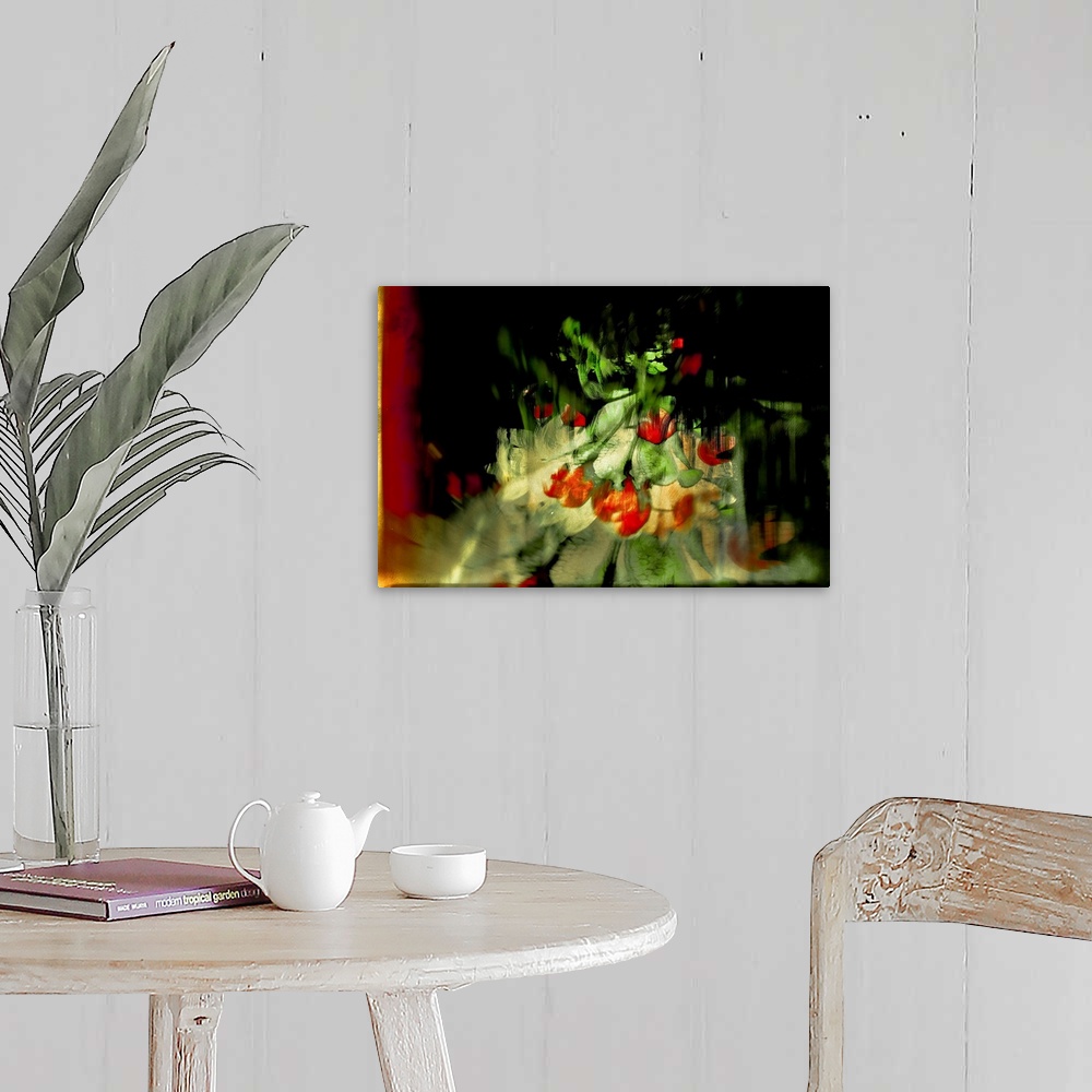 A farmhouse room featuring Abstract photograph of red tulips created with multiple layers of images.