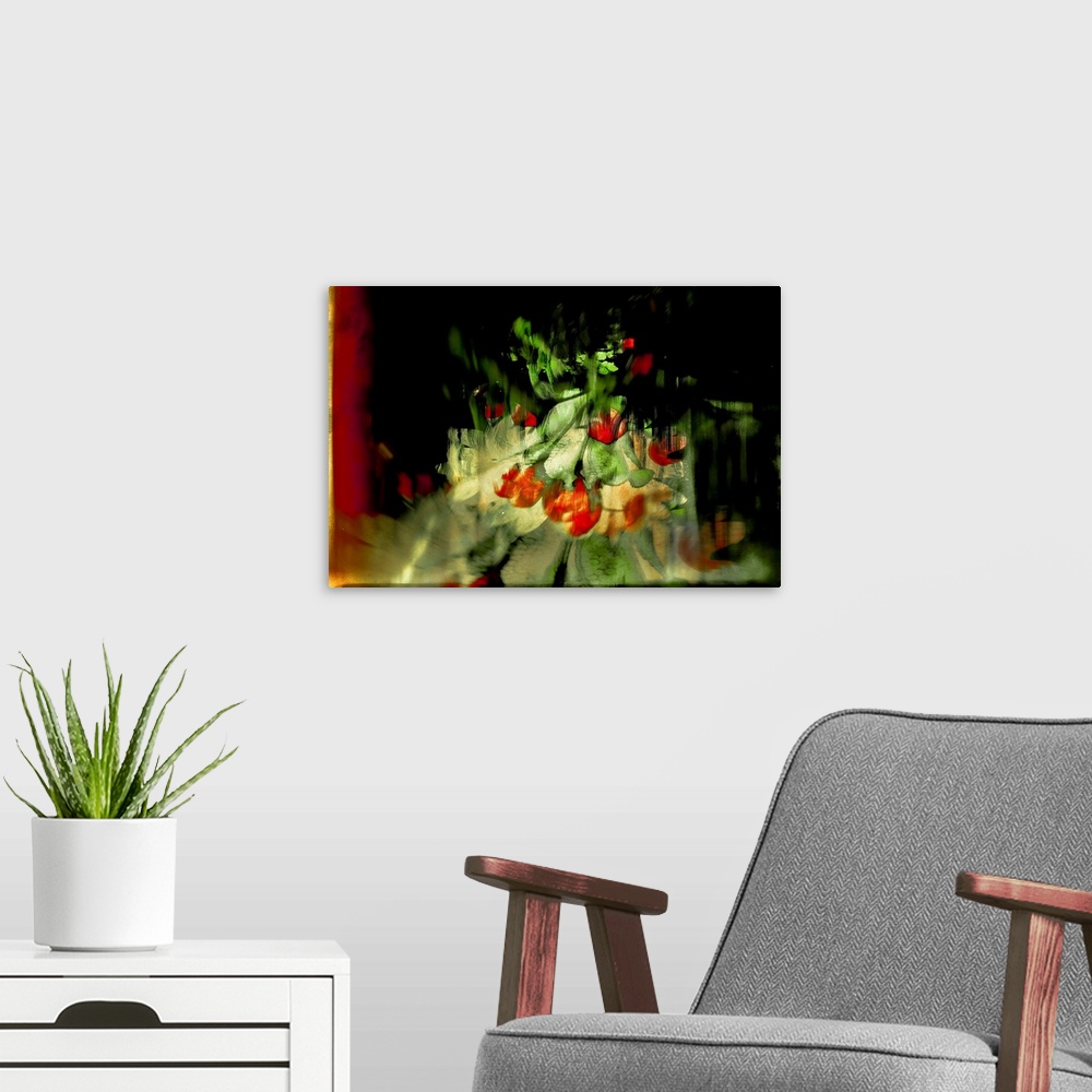 A modern room featuring Abstract photograph of red tulips created with multiple layers of images.