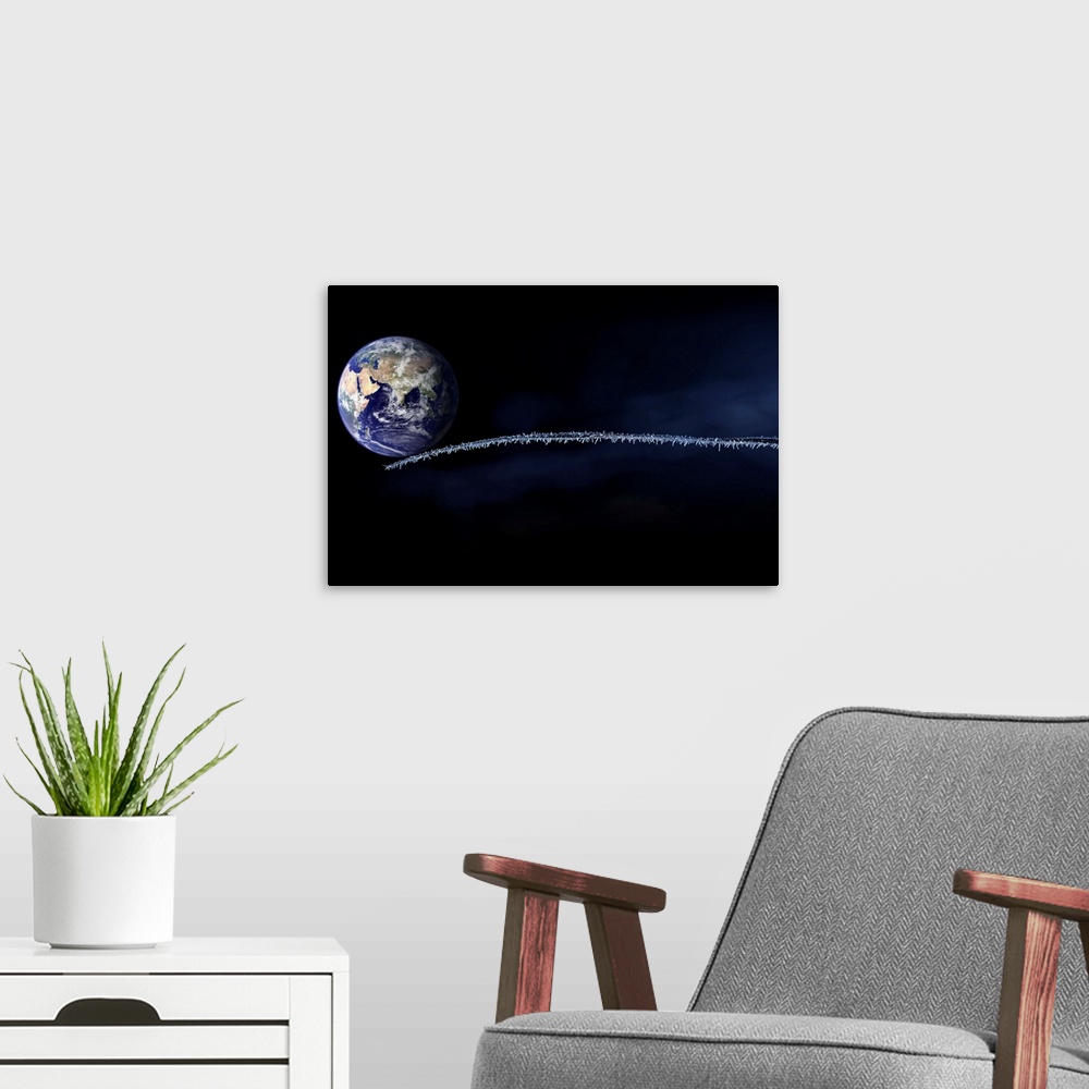 A modern room featuring Photomontage with the earth on a frozen twig
