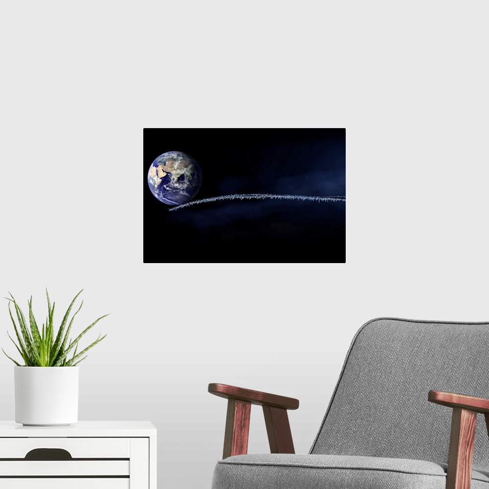 A modern room featuring Photomontage with the earth on a frozen twig