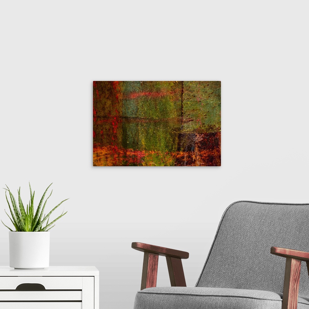 A modern room featuring Green and red artwork layered with heavy textures and a distressed speckling.
