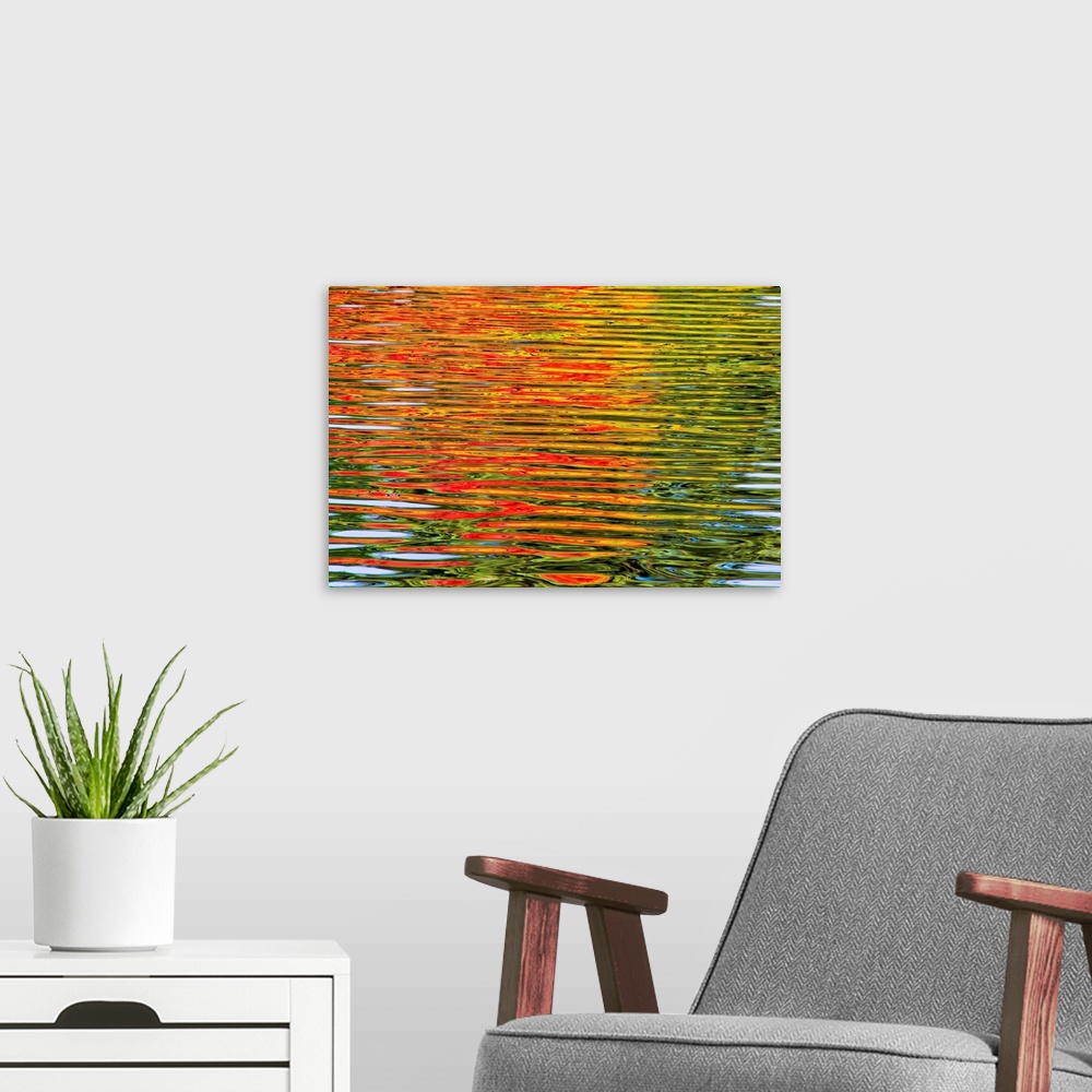 A modern room featuring Fine art photo of leaves turning in the fall, reflected in water ripples, creating an abstract im...