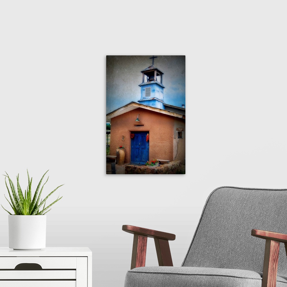 A modern room featuring Frontal View of a Small Adobe Chapel, Truchas, New Mexico