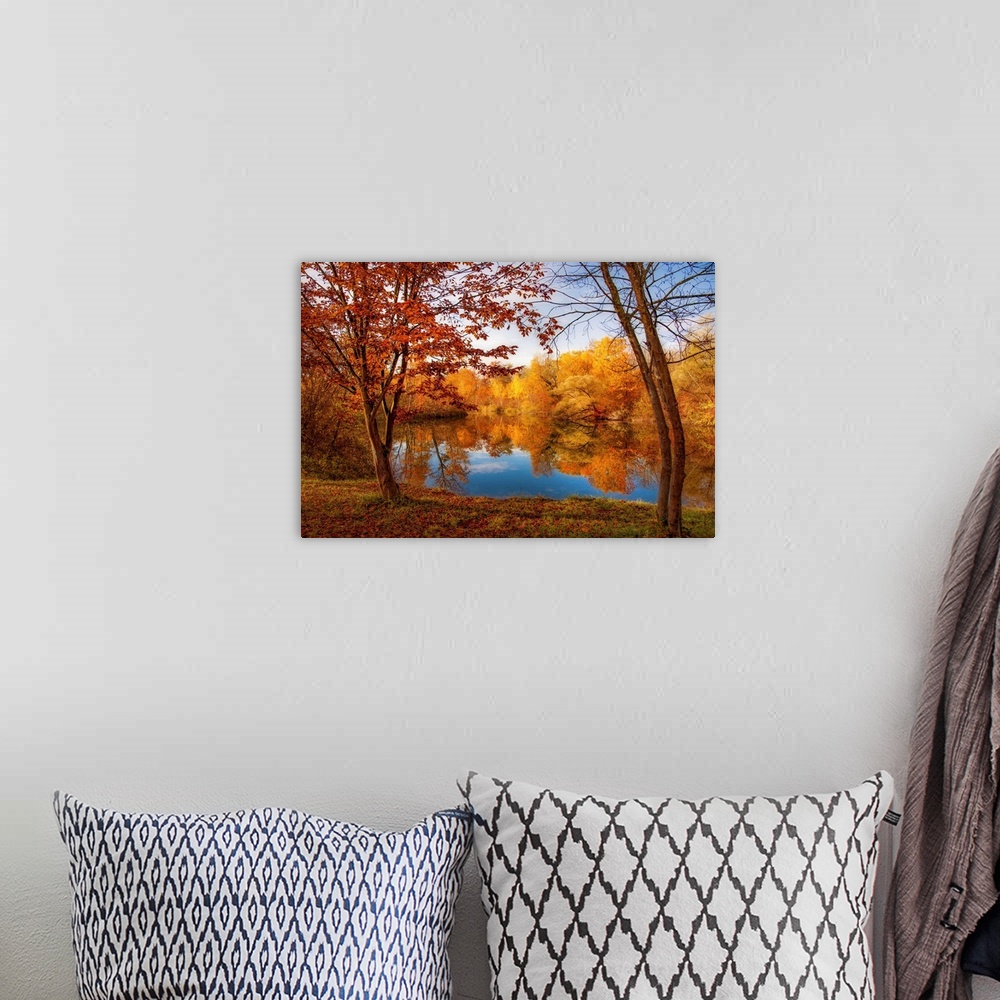 A bohemian room featuring A pond in front of a forest in autumn with trees in the foreground