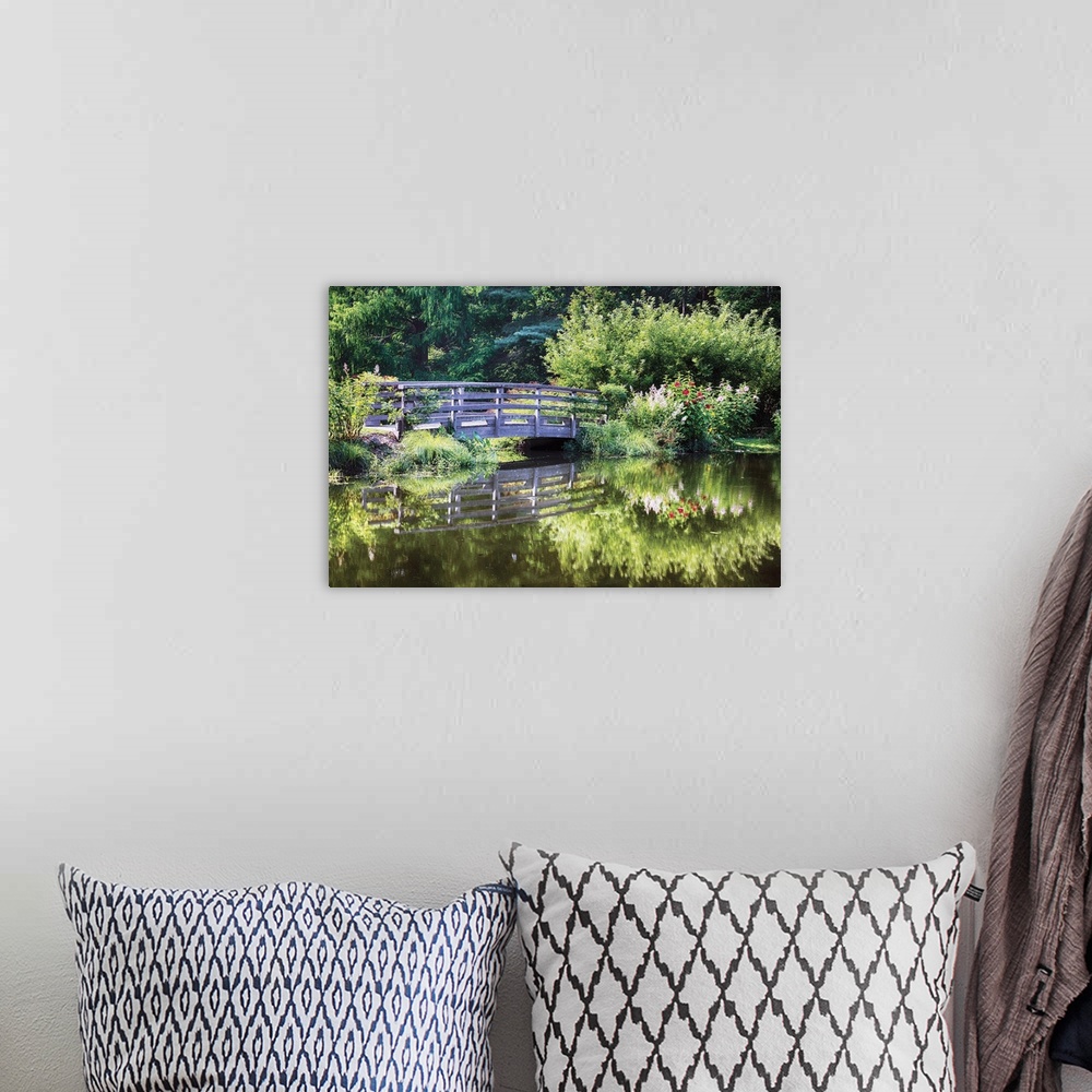 A bohemian room featuring Garden Pond with a Footbridge and Flowers, Far Hills, New Jersey
