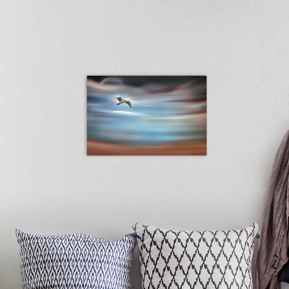 A bohemian room featuring Abstract photograph of blurred and blended colors and flowing lines with a bird in mid-flight.