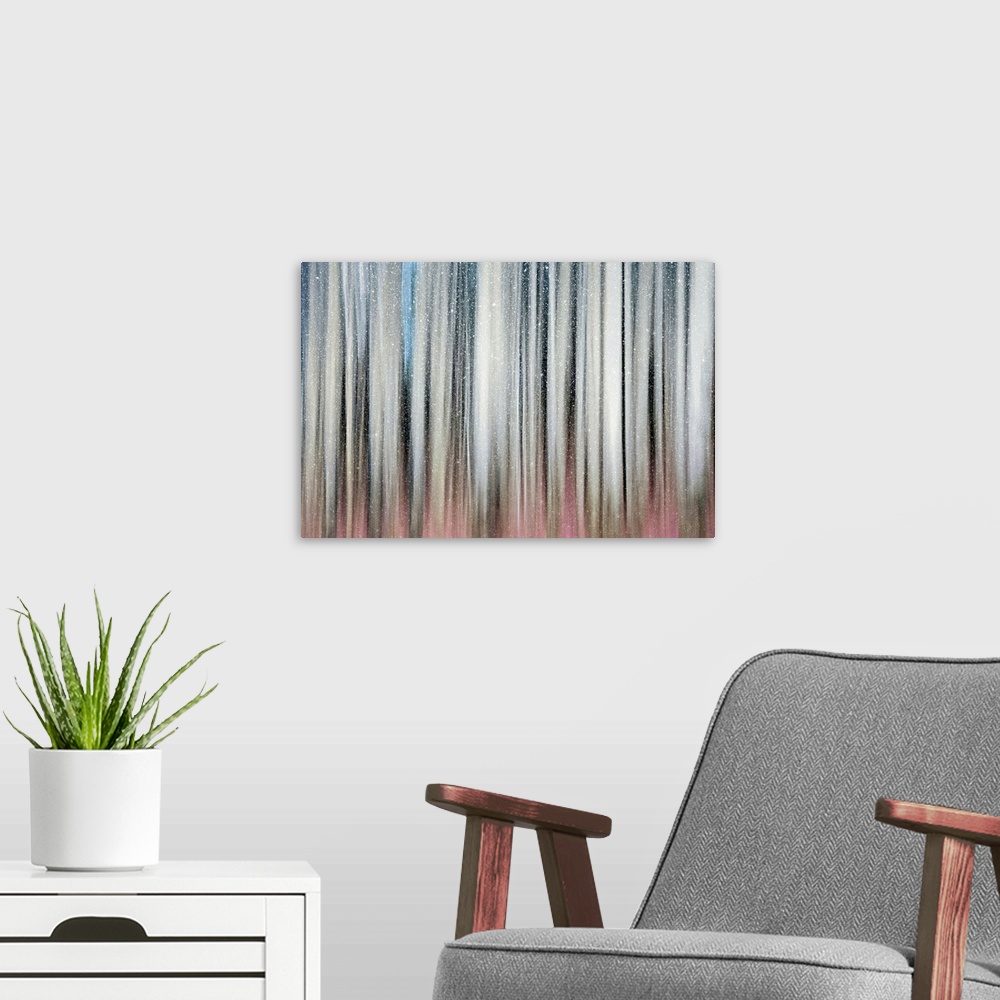 A modern room featuring Abstract view of snow falling on a aspen stand.