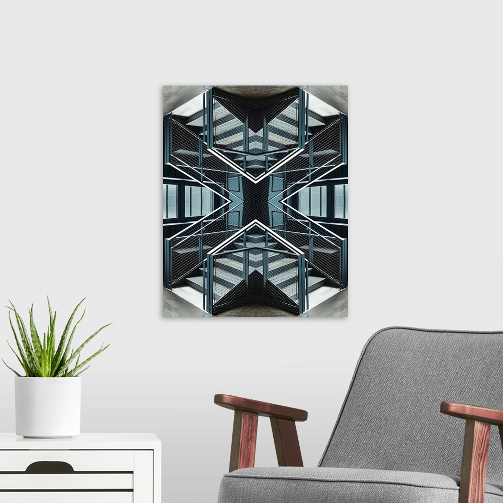 A modern room featuring An Escher-like abstract geometric photograph using a kaleidoscopic technique featuring strident l...