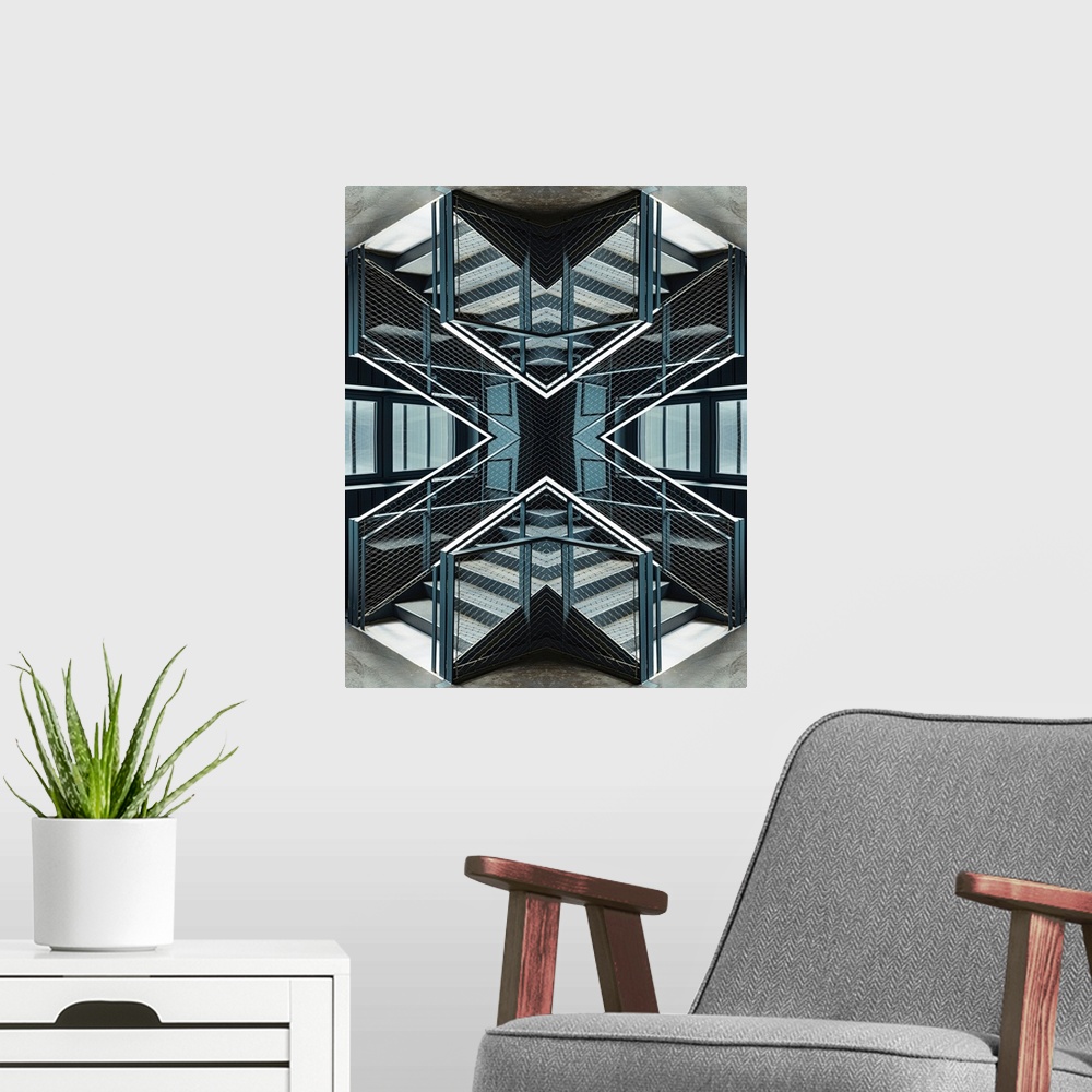A modern room featuring An Escher-like abstract geometric photograph using a kaleidoscopic technique featuring strident l...
