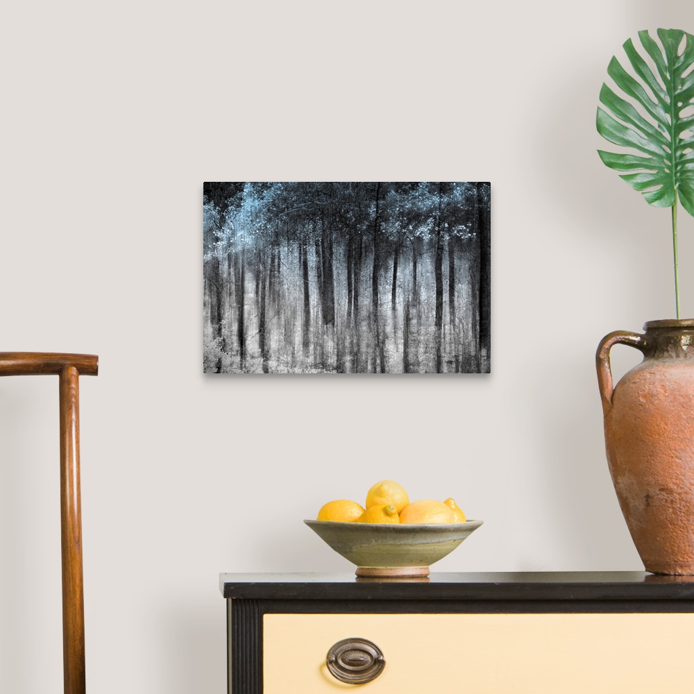 A traditional room featuring This wall art is an abstract landscape photograph of dark vertical shapes contrasting with a pale...