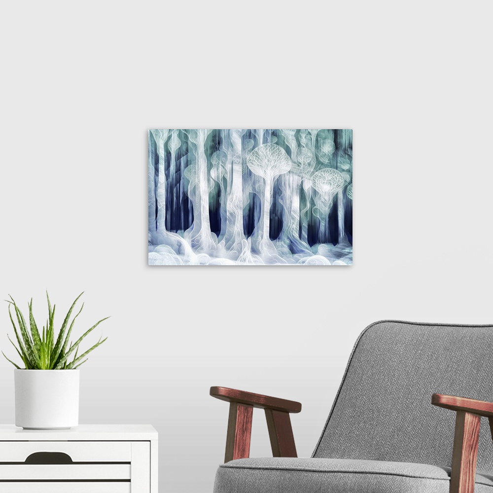 A modern room featuring A group of light trees against a dark background, reinterpreted to look like "ghost trees". This ...