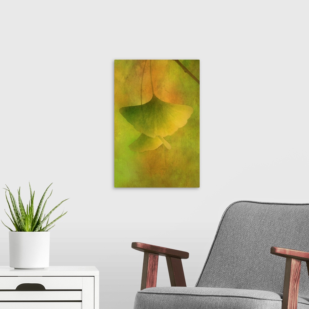 A modern room featuring Image of green Gingko leaves hanging from a branch on a dreamy green and orange background.