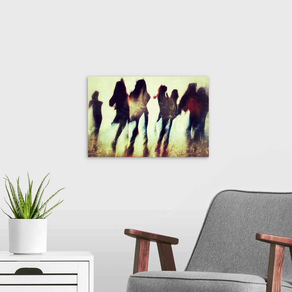 A modern room featuring A group of girls walking out of a tunnel