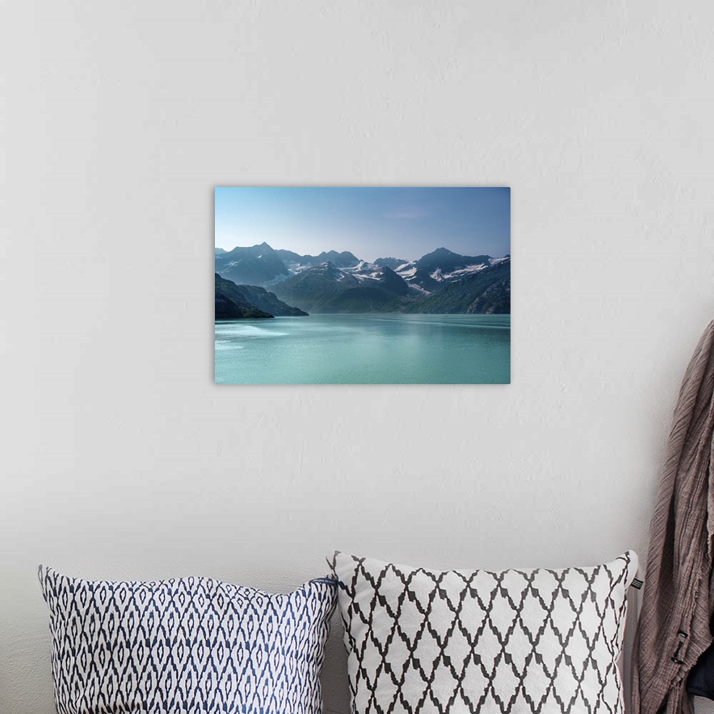 A bohemian room featuring Beautiful Alaskan mid-morning scene of snow capped mountains rising out of luminous aquamarine bl...
