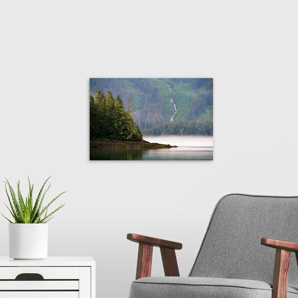 A modern room featuring Bald eagle and waterfall, Glacier Bay National Park and Preserve, Alaska