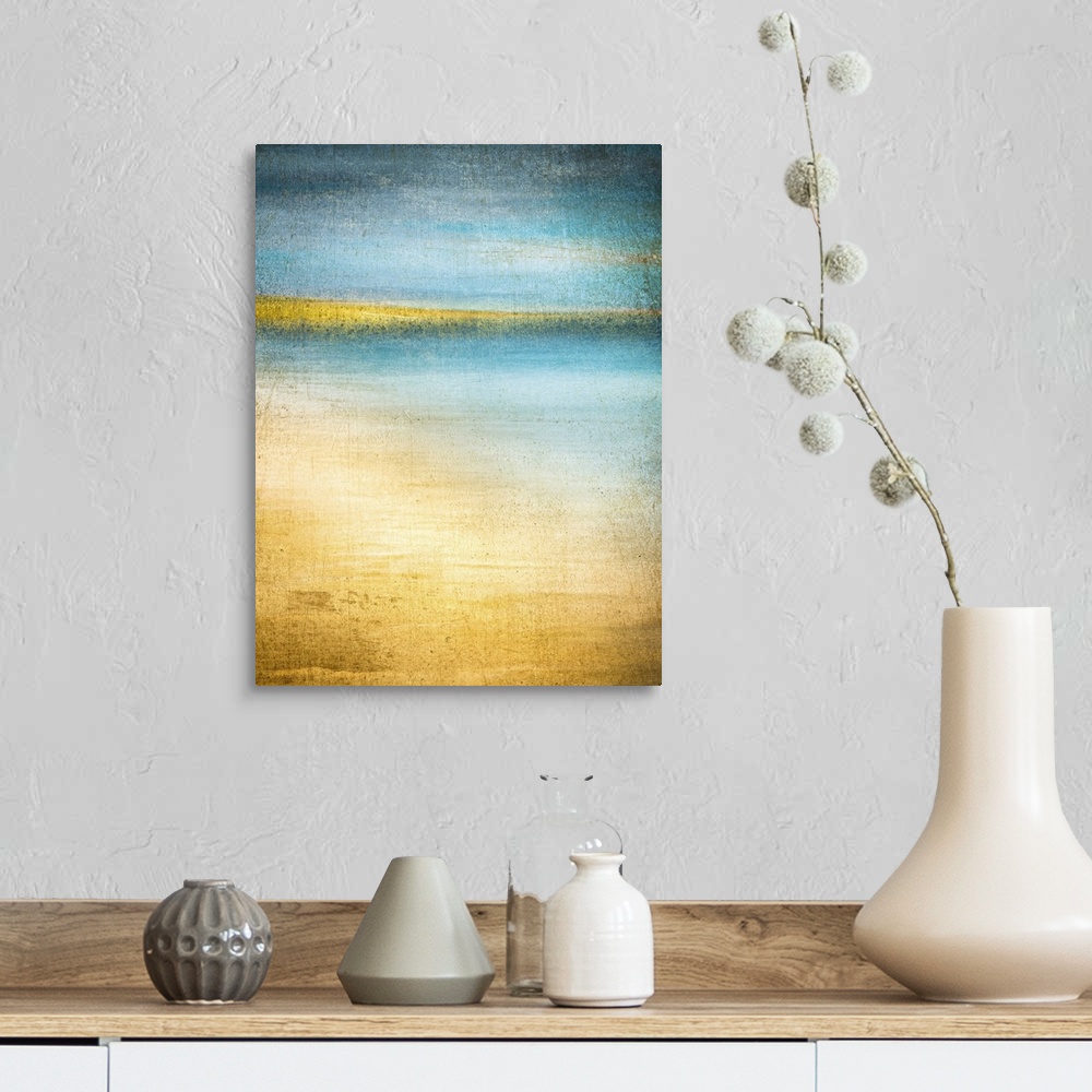 A farmhouse room featuring Blue and gold beach scene with turquoise water and hills on the horizon shot on Glimps Holms isla...