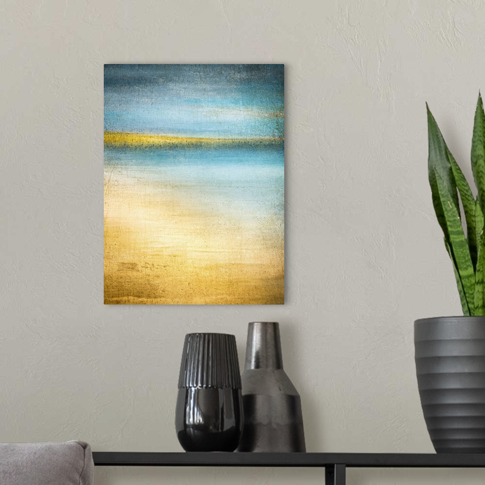 A modern room featuring Blue and gold beach scene with turquoise water and hills on the horizon shot on Glimps Holms isla...
