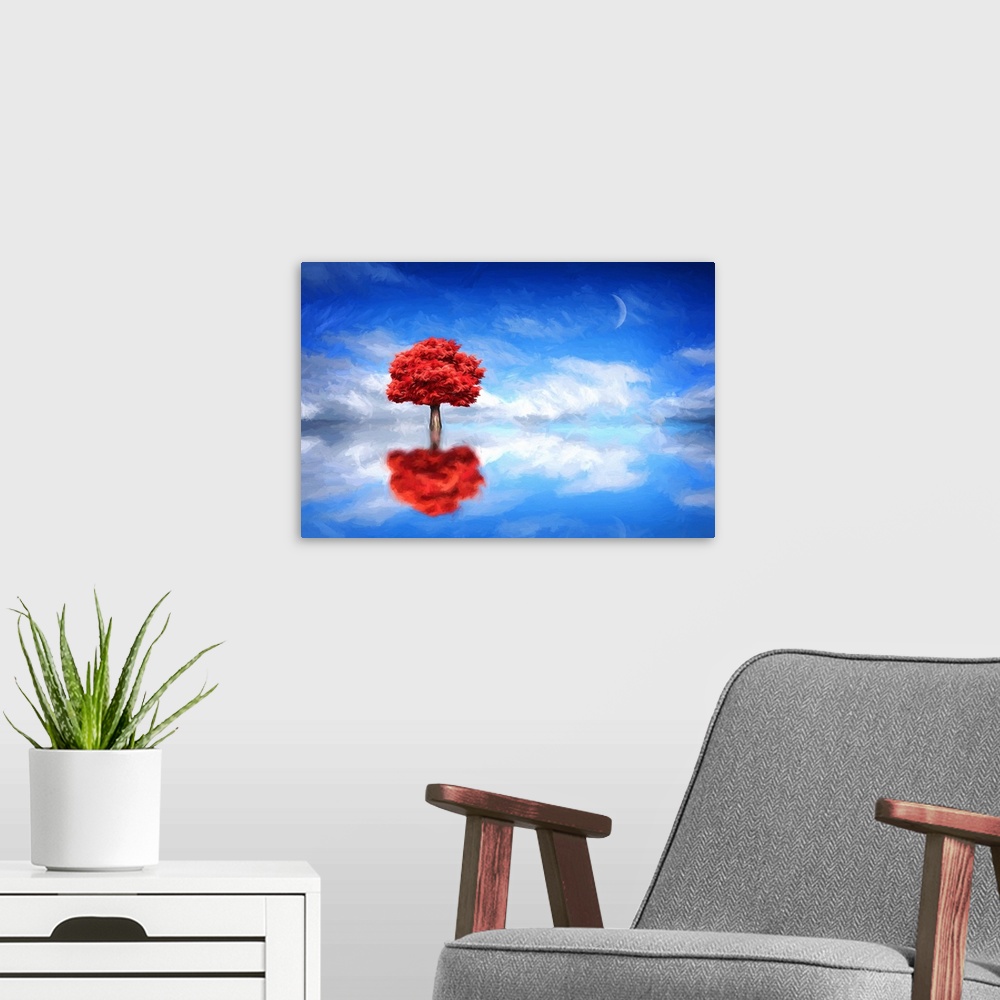 A modern room featuring A photograph of a tree with red foliage standing on a reflective watery landscape.