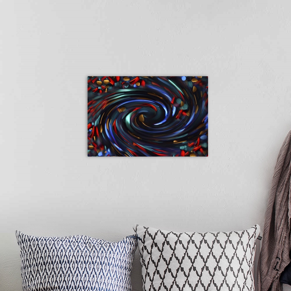A bohemian room featuring An abstract macro photograph of a swirling of colors and forms.